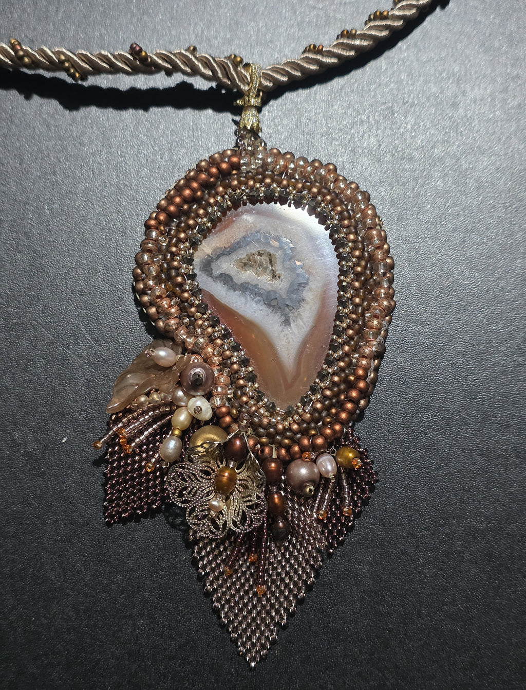 Handmade Agate Necklace with Natural Pearls and Beaded Fringe