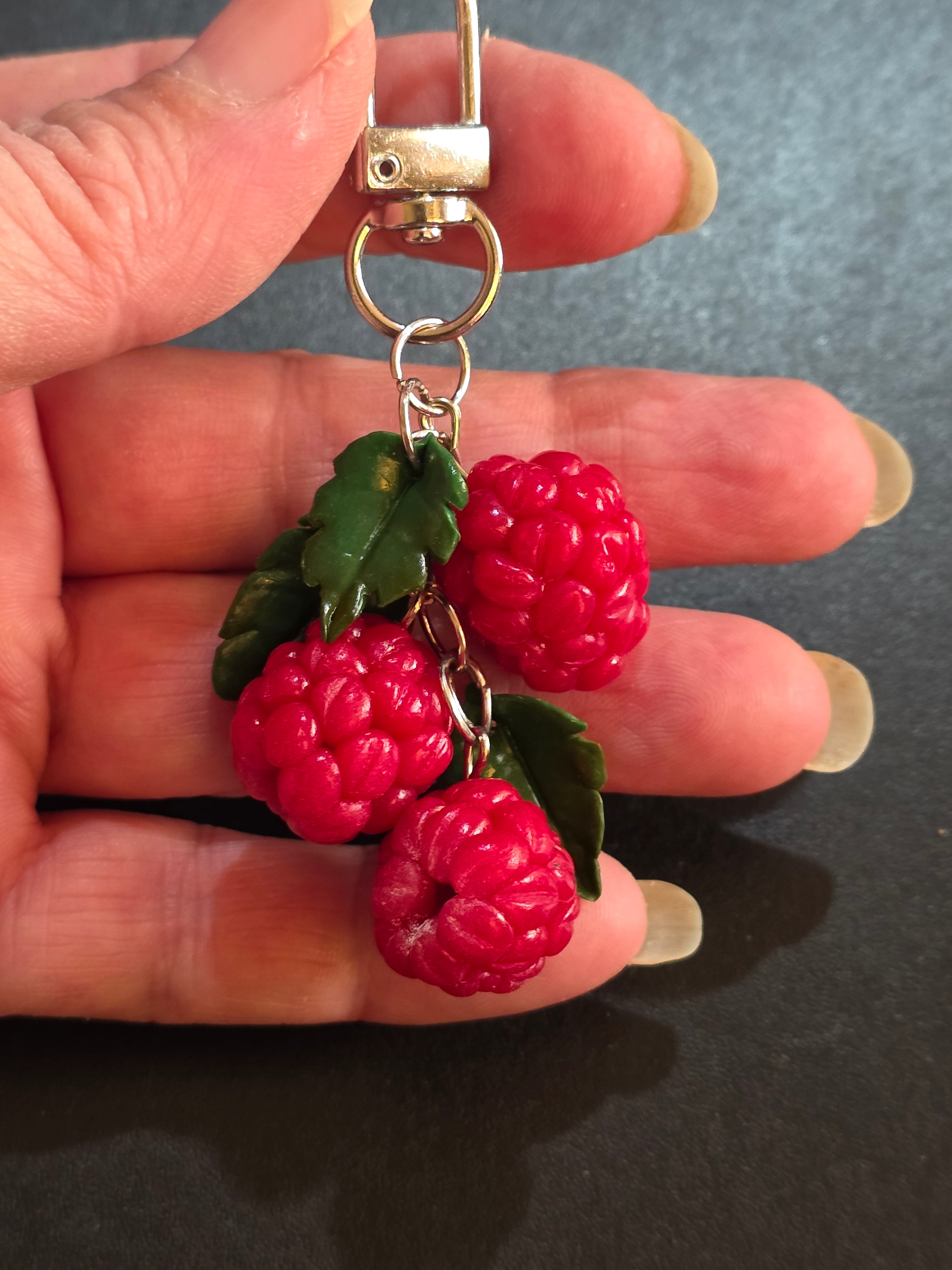 Handmade Raspberry Keychain - Polymer Clay Bag Charm