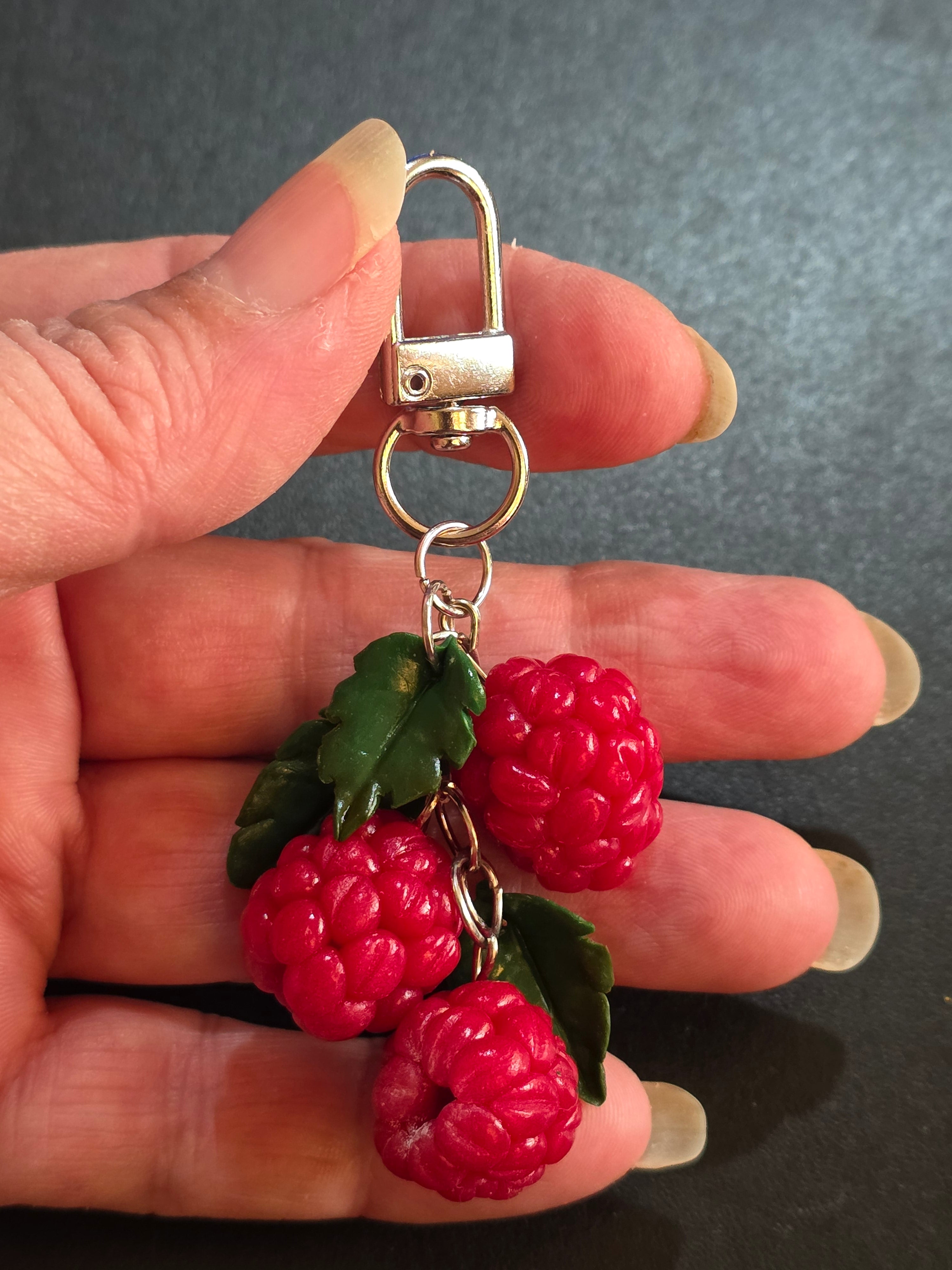 Handmade Raspberry Keychain - Polymer Clay Bag Charm