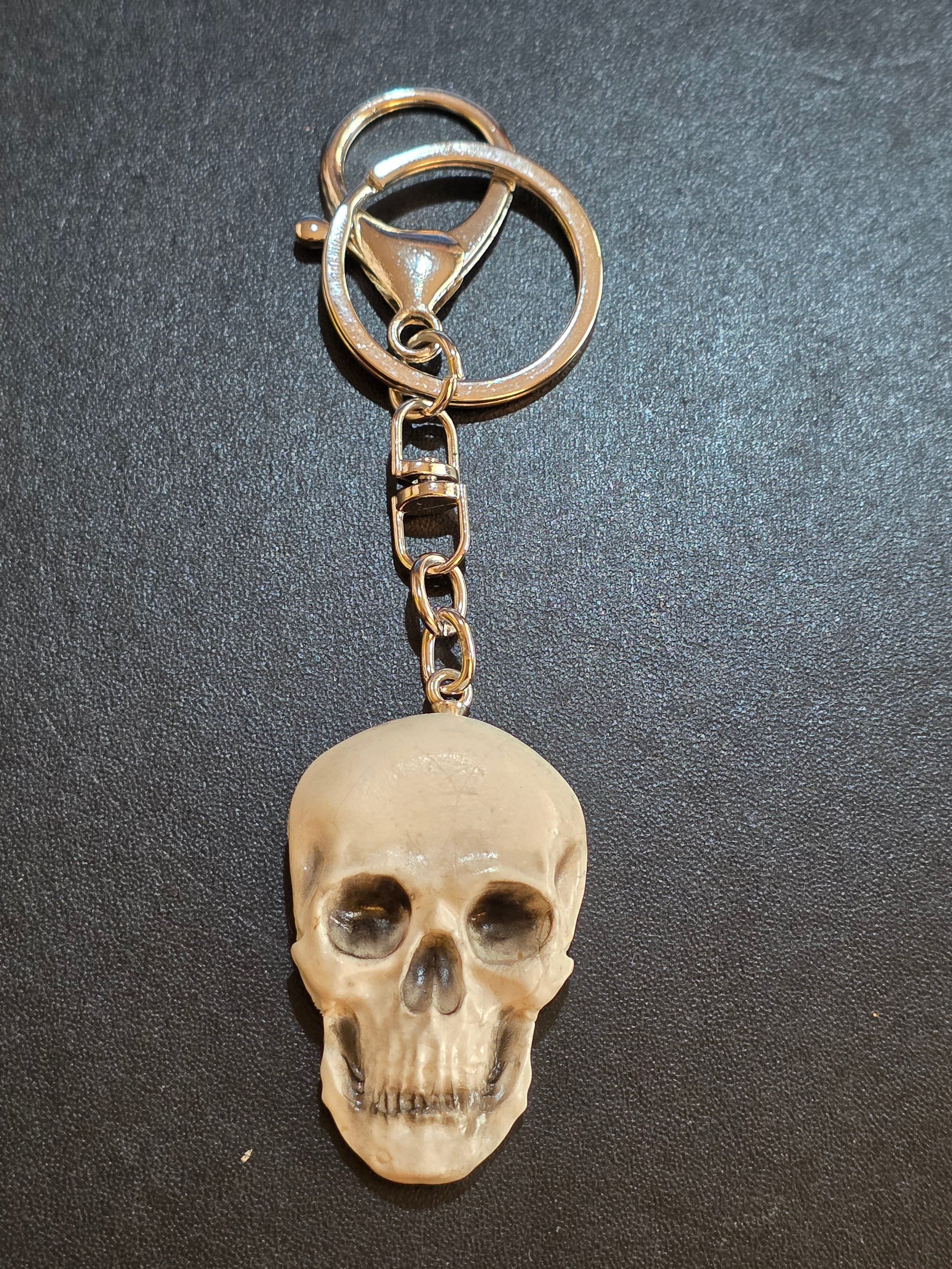 Silver Skull Keychain - Handmade Polymer Clay Gothic Accessory 13cm (5.1in)