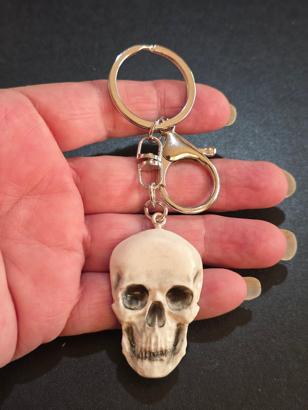 Silver Skull Keychain - Handmade Polymer Clay Gothic Accessory 13cm (5.1in)