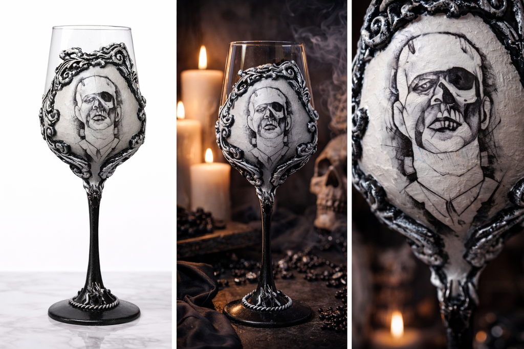 Gothic Portrait Wine Glass - Handcrafted Decoupage Art