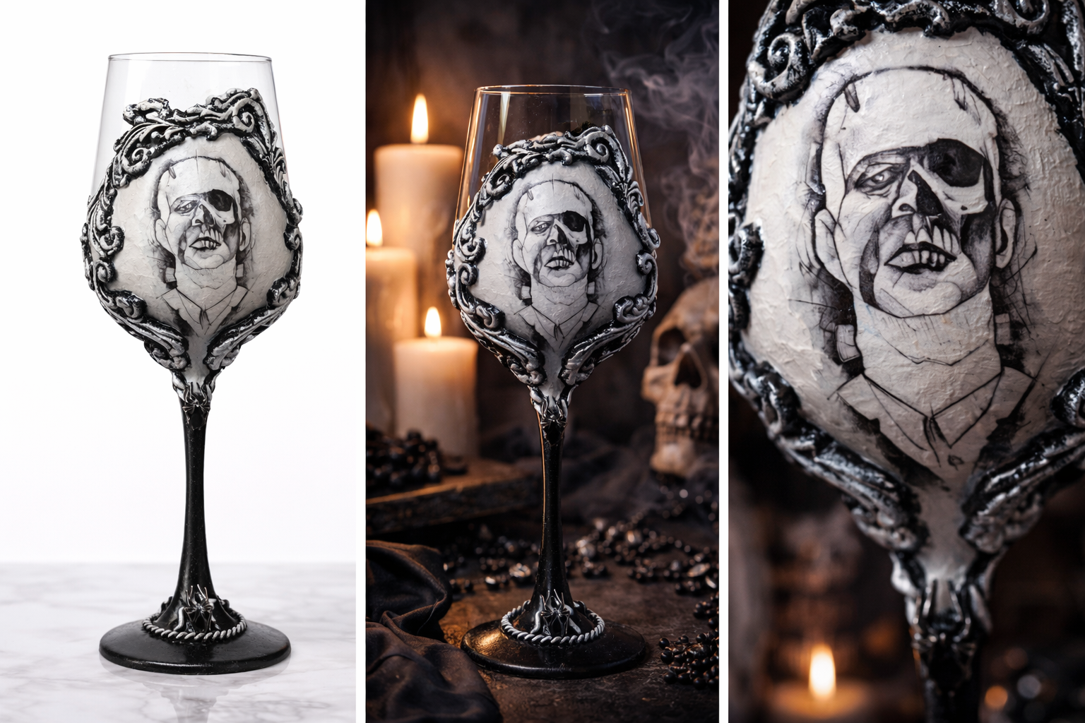 Gothic Portrait Wine Glass - Handcrafted Decoupage Art