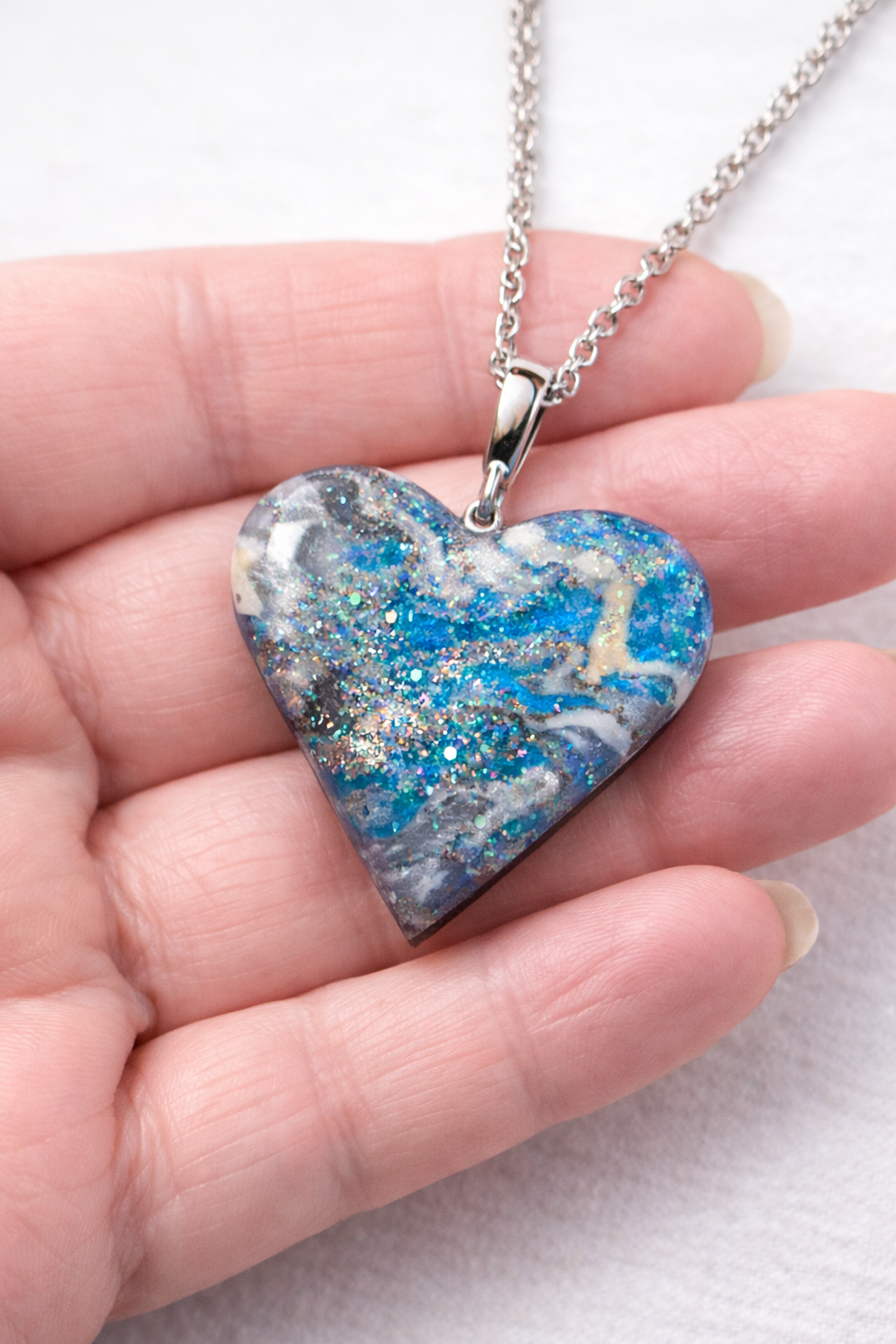 Ocean Waves Heart Necklace - Handmade Polymer Clay Resin Sealed 45cm (17.7in)