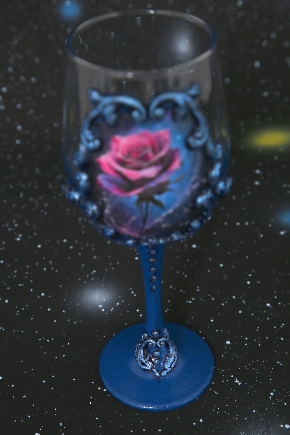 Handcrafted Blue Wine Glasses - Set of 2 with Pink Rose Decoupage & Baroque Ornaments