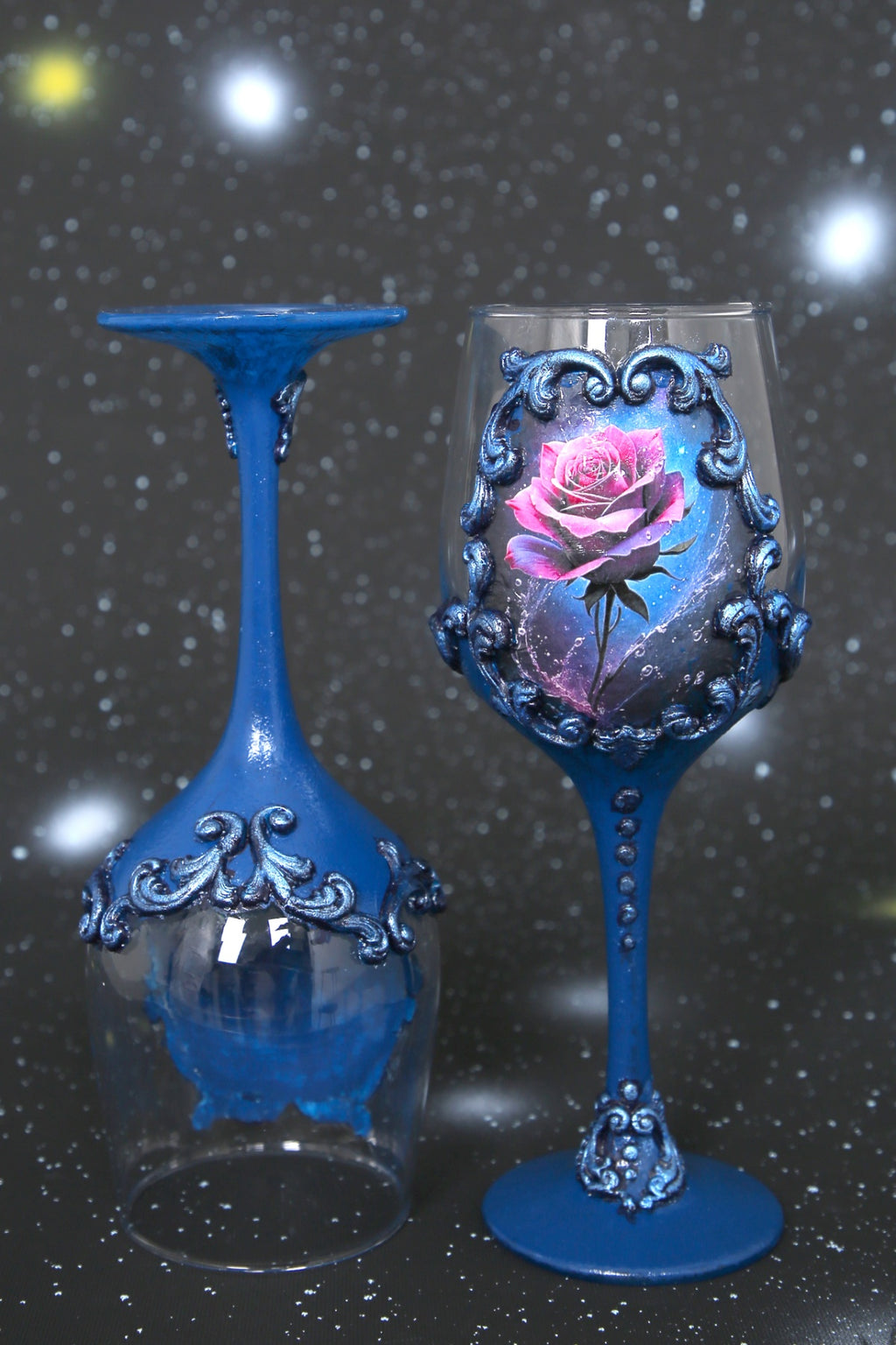 Handcrafted Blue Wine Glasses - Set of 2 with Pink Rose Decoupage & Baroque Ornaments