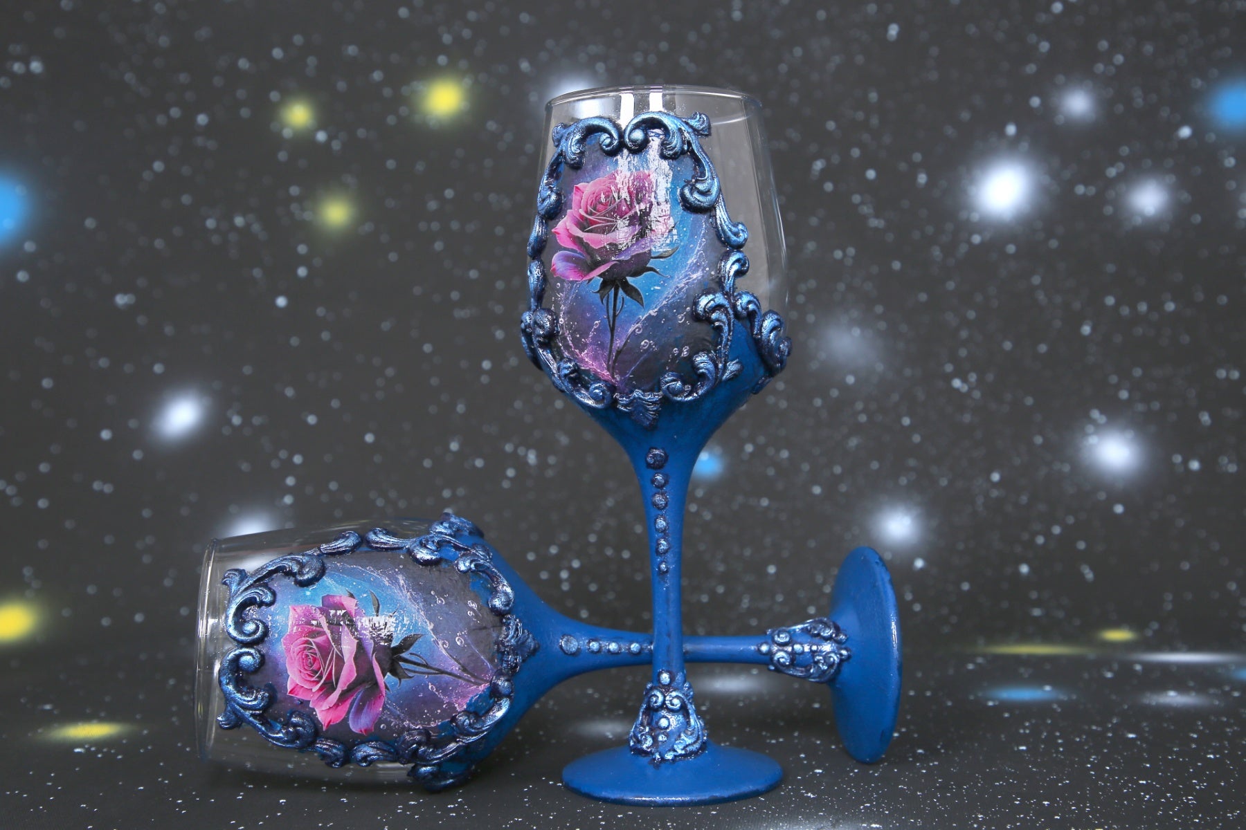 Handcrafted Blue Wine Glasses - Set of 2 with Pink Rose Decoupage & Baroque Ornaments