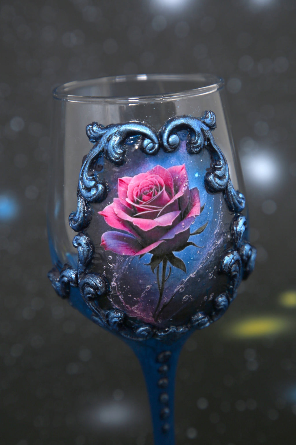Handcrafted Blue Wine Glasses - Set of 2 with Pink Rose Decoupage & Baroque Ornaments