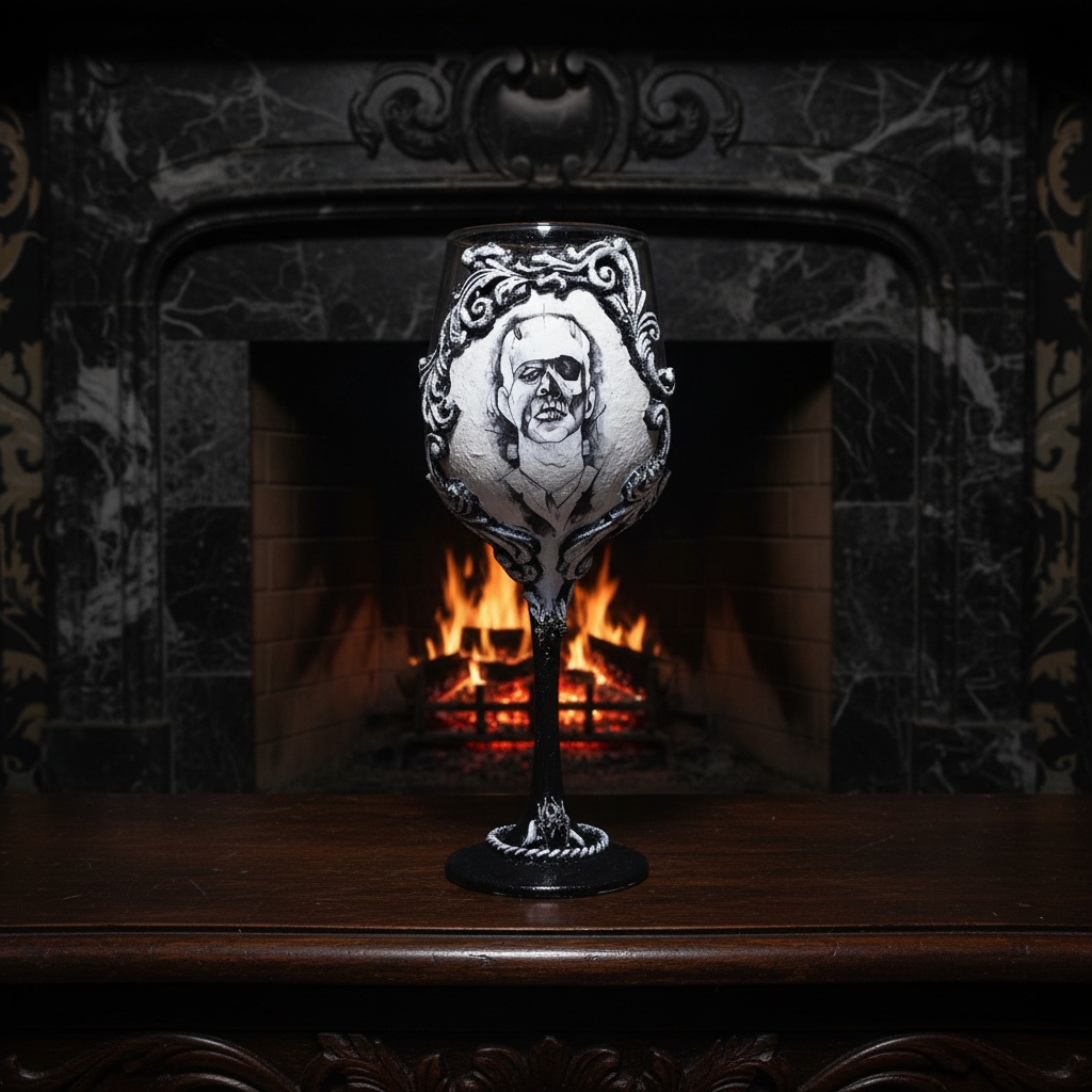 Gothic wine glass on fireplace mantel