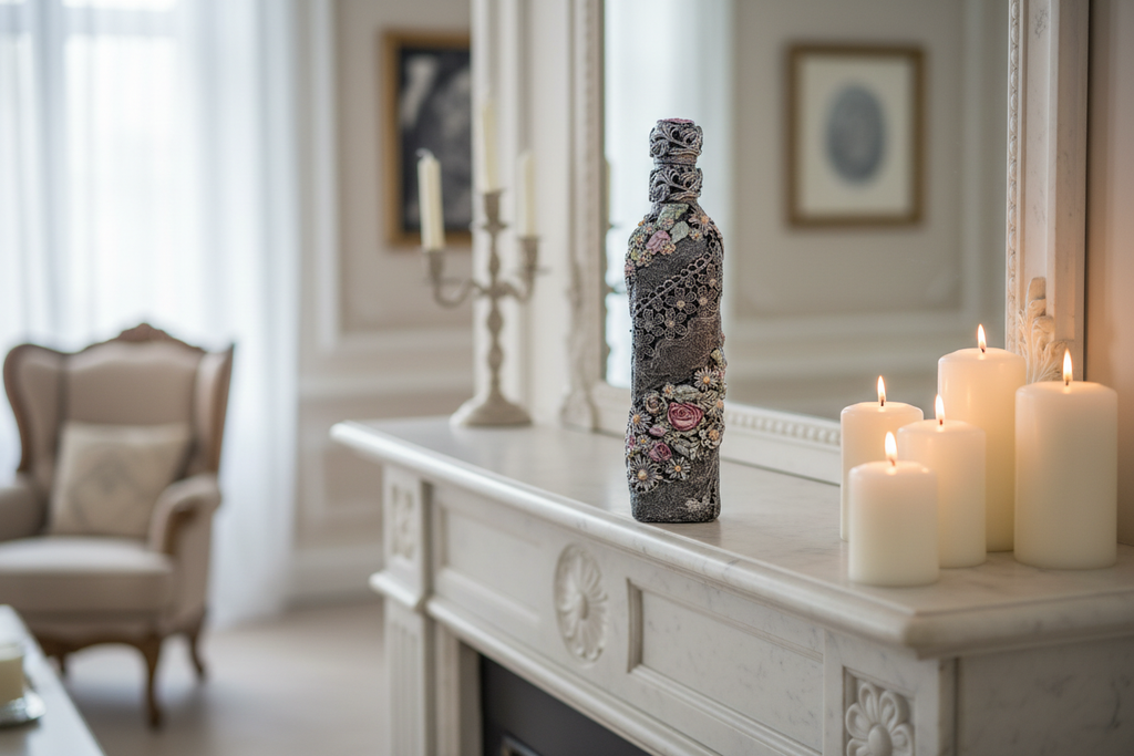 Gray Rose Bottle on White Marble Fireplace