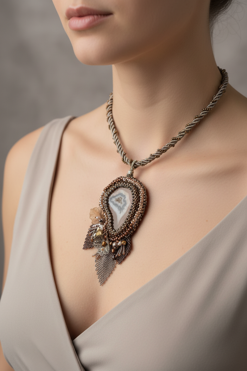 Handmade agate necklace worn on model