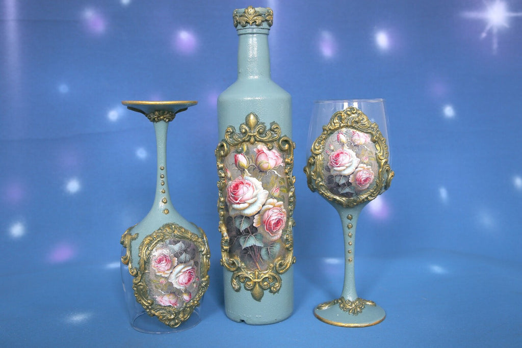 Royal Mint Green Rose Wine Set - Handcrafted Bottle with Crown & 2 Champagne Glasses
