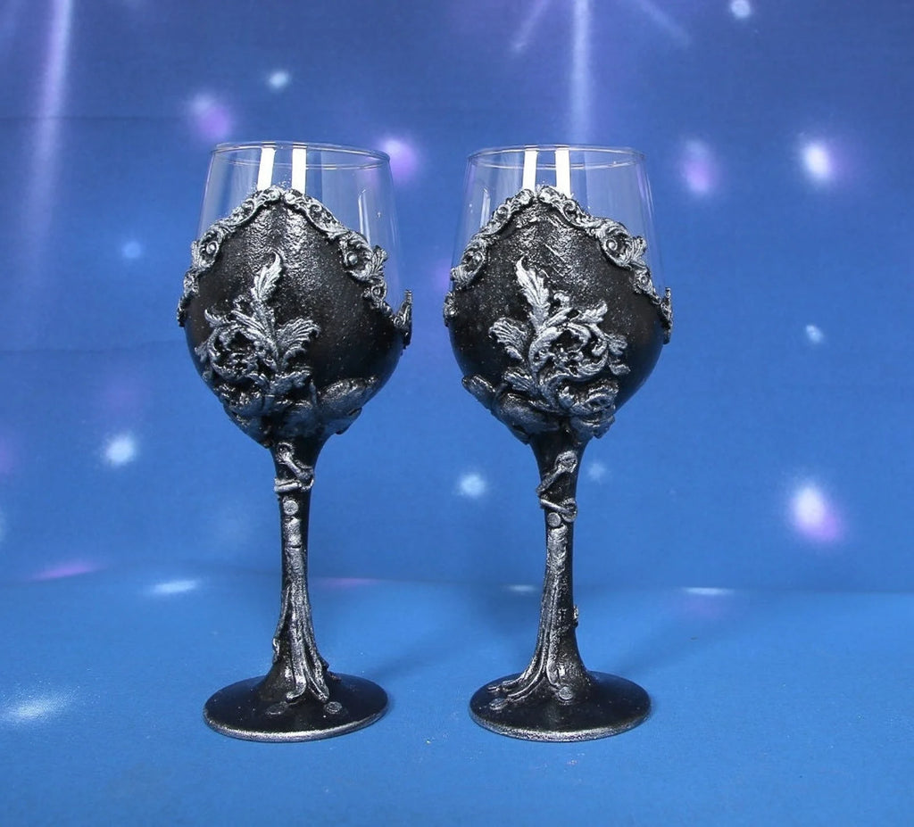 Gothic Wine Glasses Set - Hand-Decorated Air Dry Clay Baroque Design