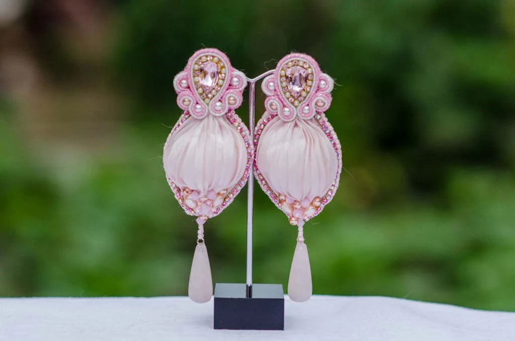 Shibori Silk Earrings with Rose Quartz and Swarovski Crystals