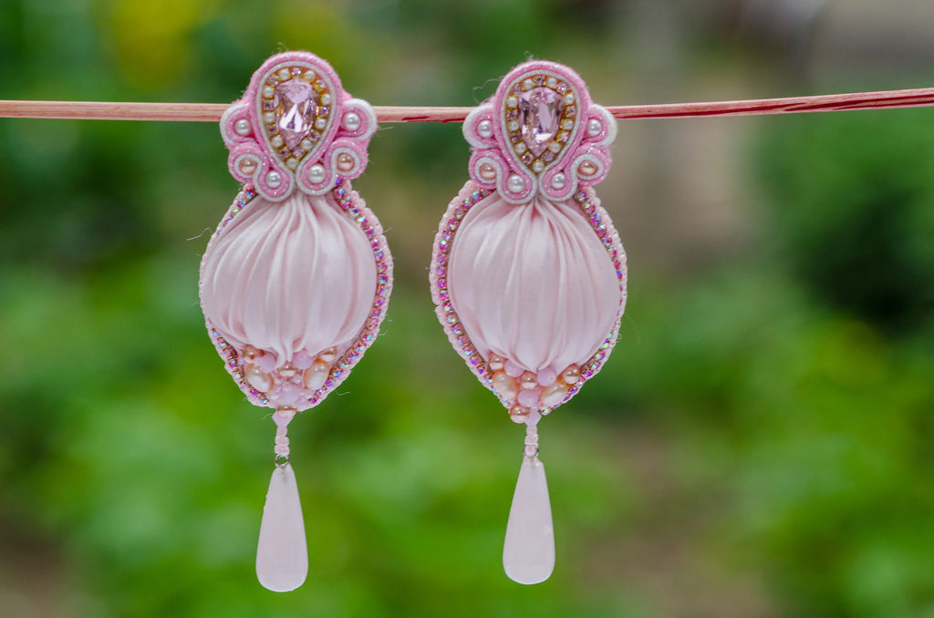 Shibori Silk Earrings with Rose Quartz and Swarovski Crystals
