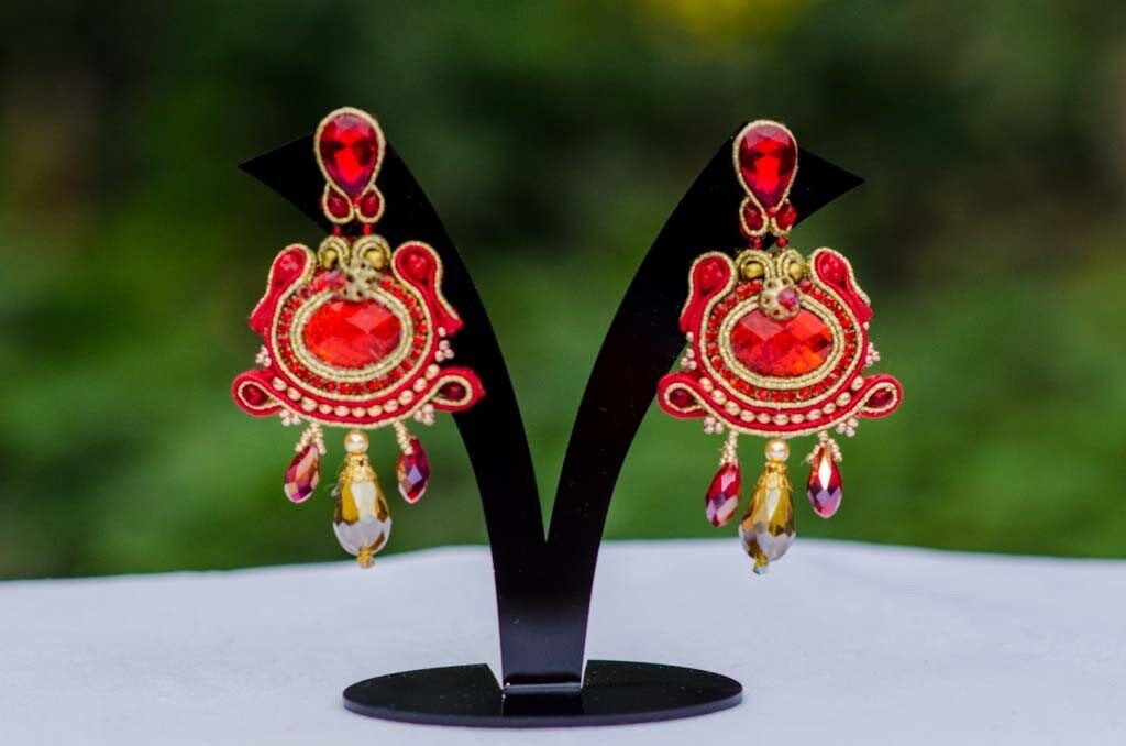 Luxury Red & Gold Soutache Earrings with Crystal Drops