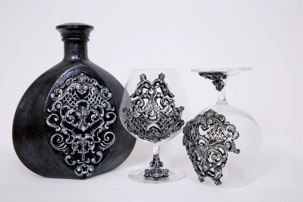 Gothic Brandy Decanter Set with Two Glasses - Black & Silver