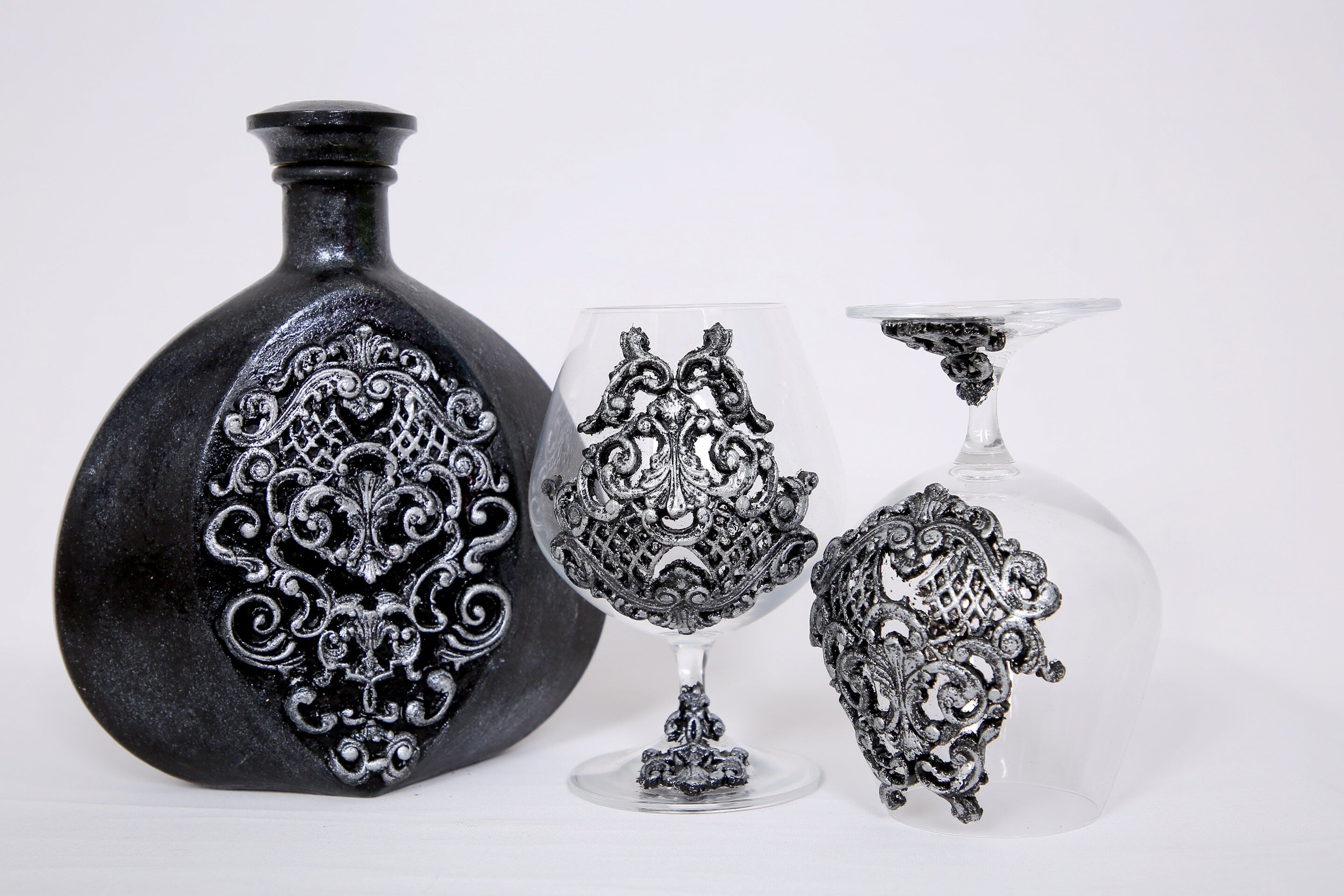 Gothic Brandy Decanter Set with Two Glasses - Black & Silver