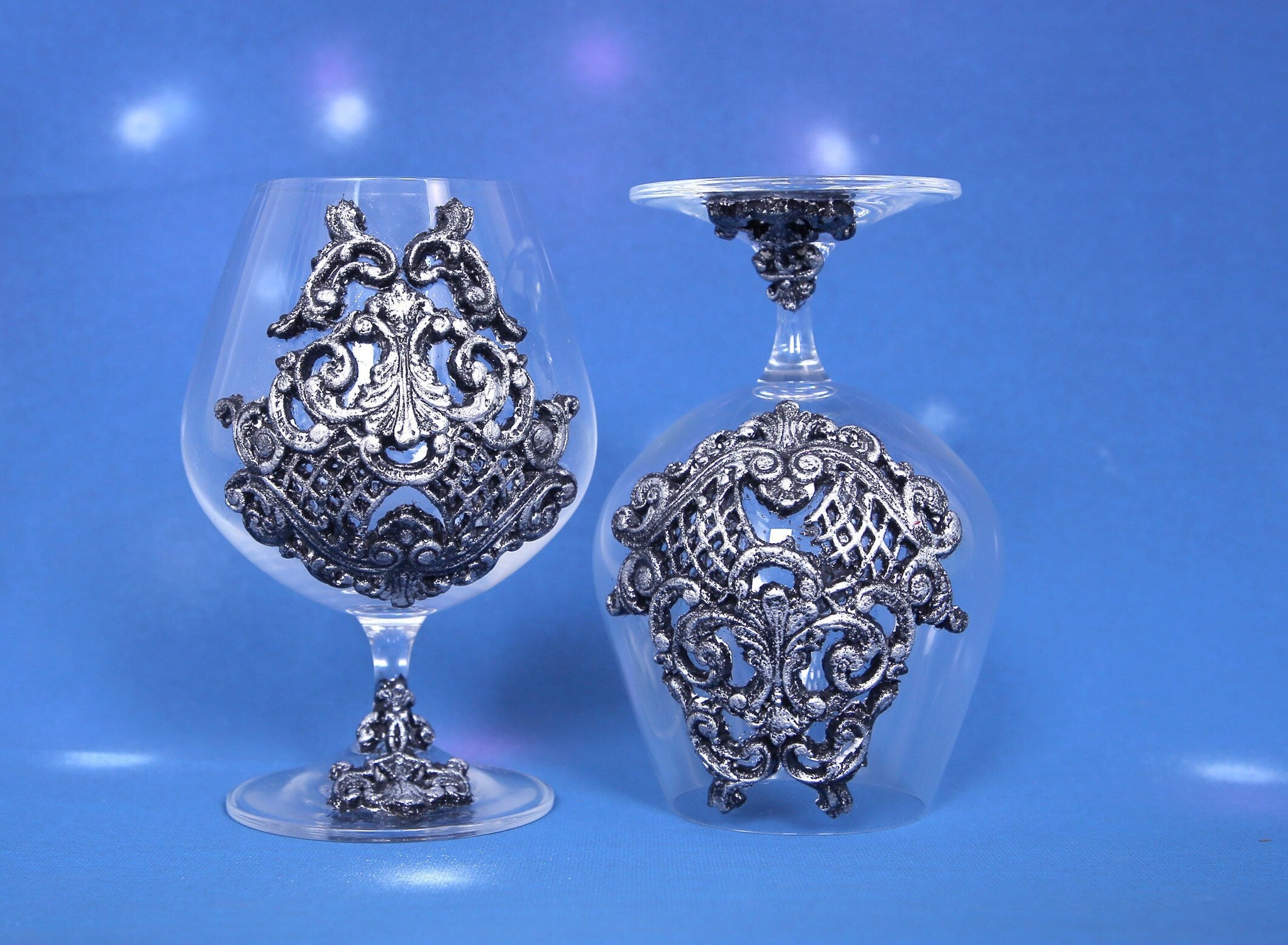 Gothic Brandy Decanter Set with Two Glasses - Black & Silver