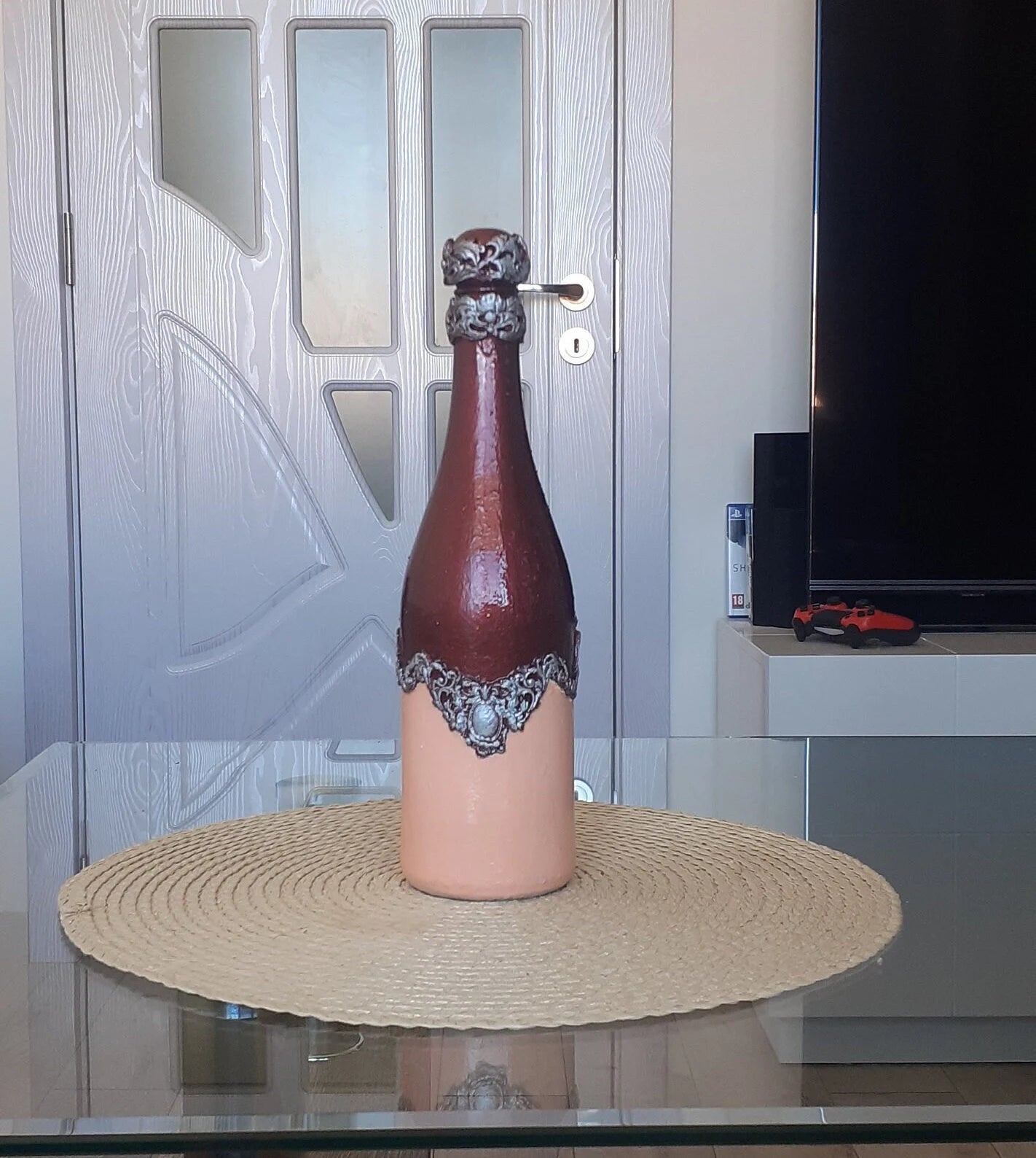 Hand-Painted Wine Bottle with Baroque Ornaments - Gothic Decorated Bottle 800ml