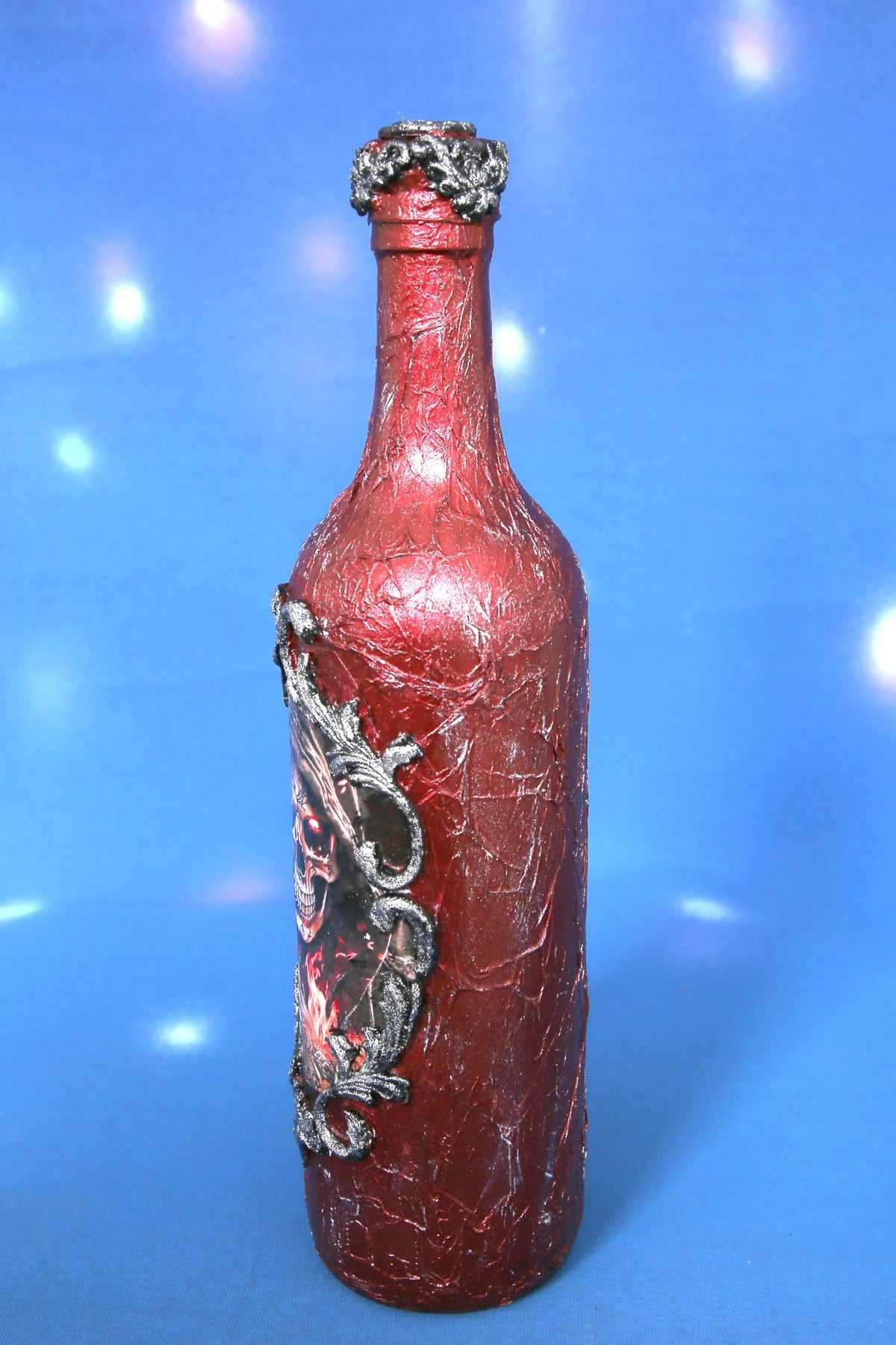 Pirate Skull Wine Set - Decoupage Art Burgundy & Silver