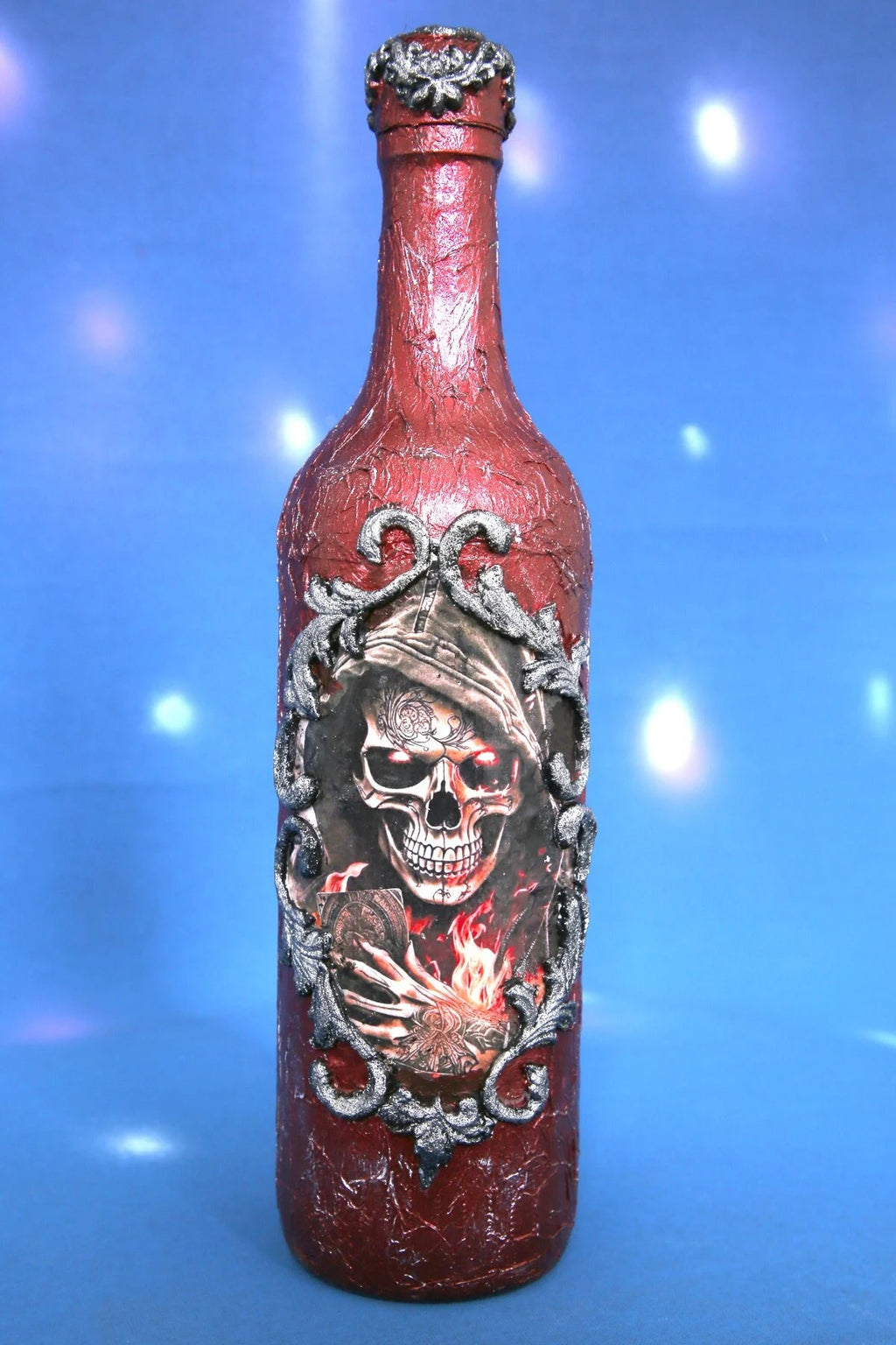 Pirate Skull Wine Set - Decoupage Art Burgundy & Silver