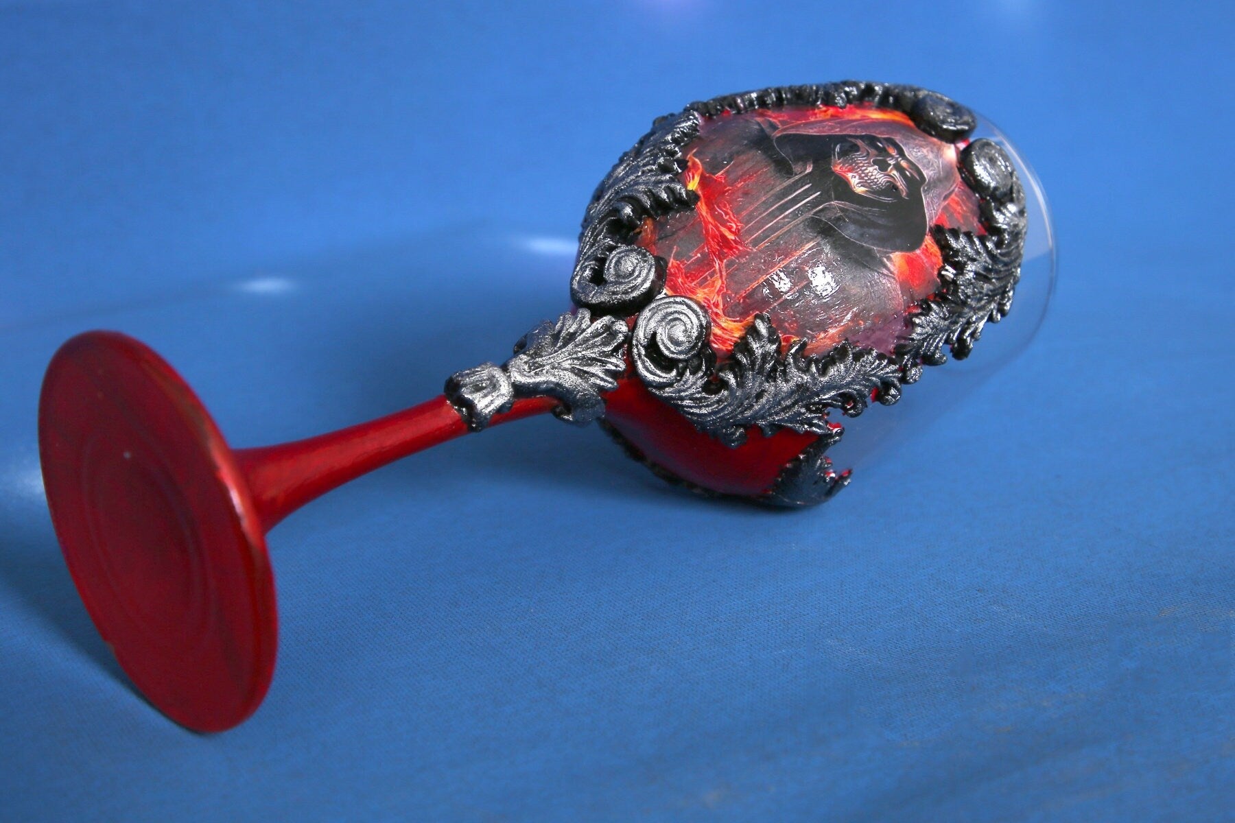 Gothic Skull Wine Set - Handcrafted Red & Black Bottle & Glass with Baroque Ornaments