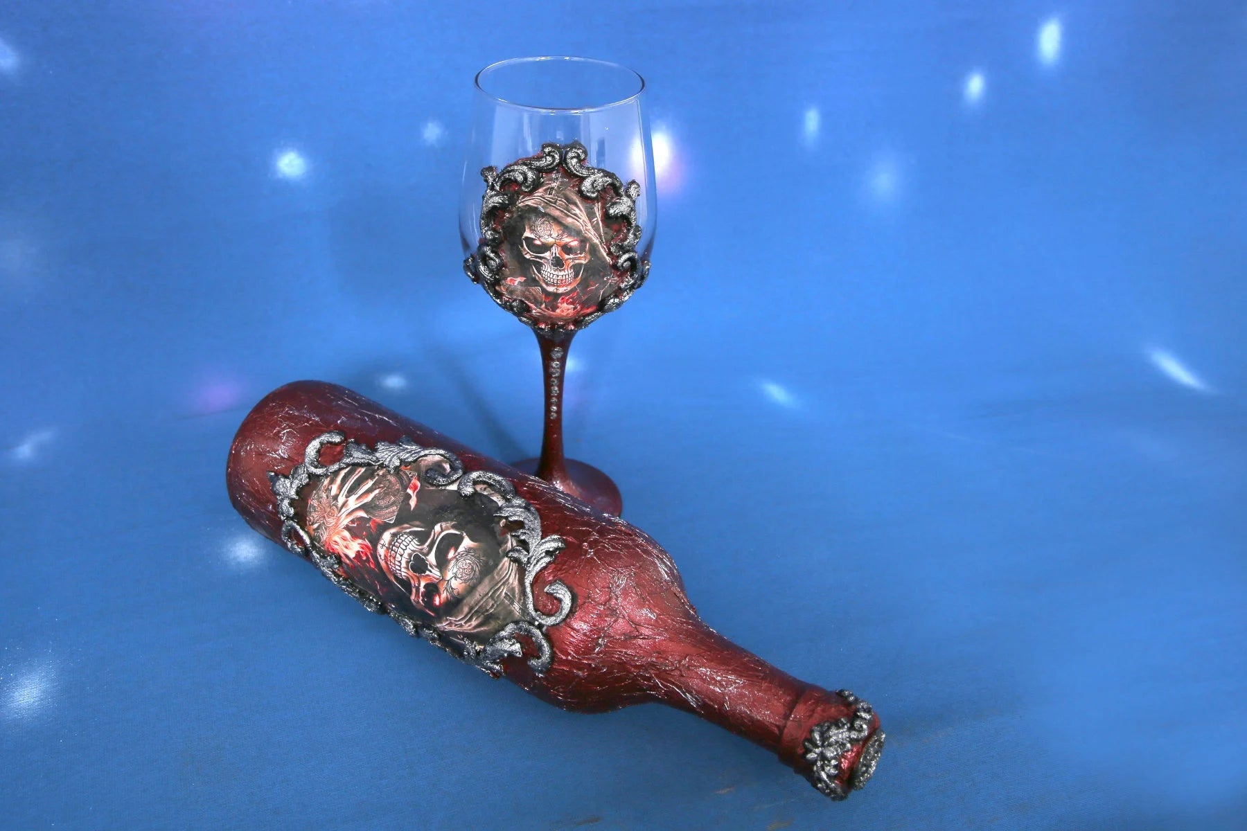 Pirate Skull Wine Set - Decoupage Art Burgundy & Silver