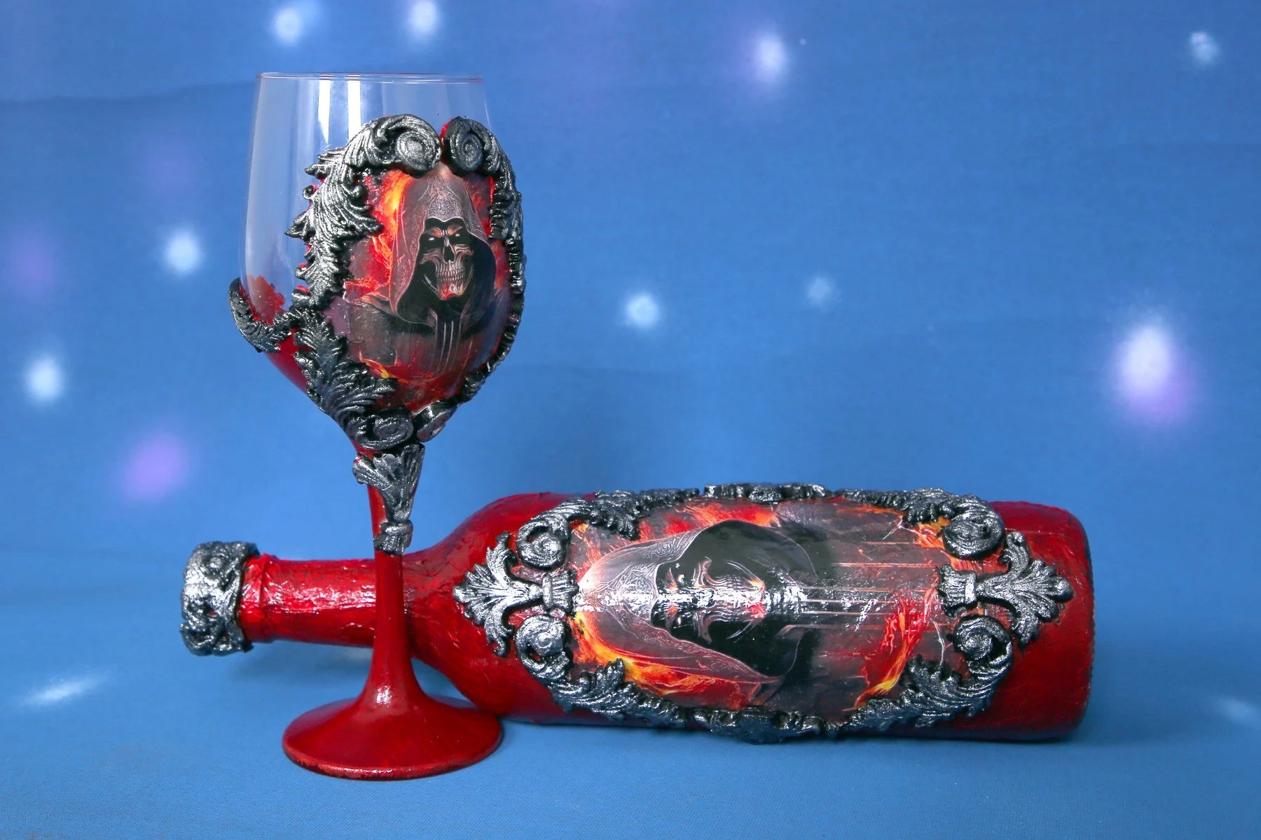 Gothic Skull Wine Set - Handcrafted Red & Black Bottle & Glass with Baroque Ornaments