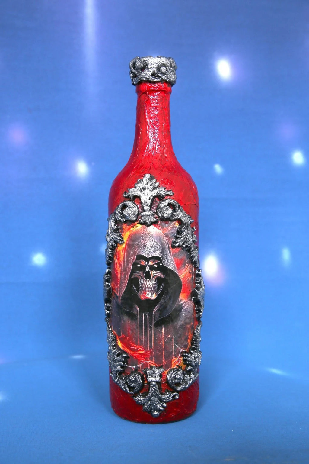 Gothic Skull Wine Set - Handcrafted Red & Black Bottle & Glass with Baroque Ornaments