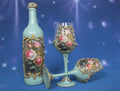Luxury Mint Green Rose Wine Set - Handcrafted Bottle & 2 Glasses with Baroque Ornaments