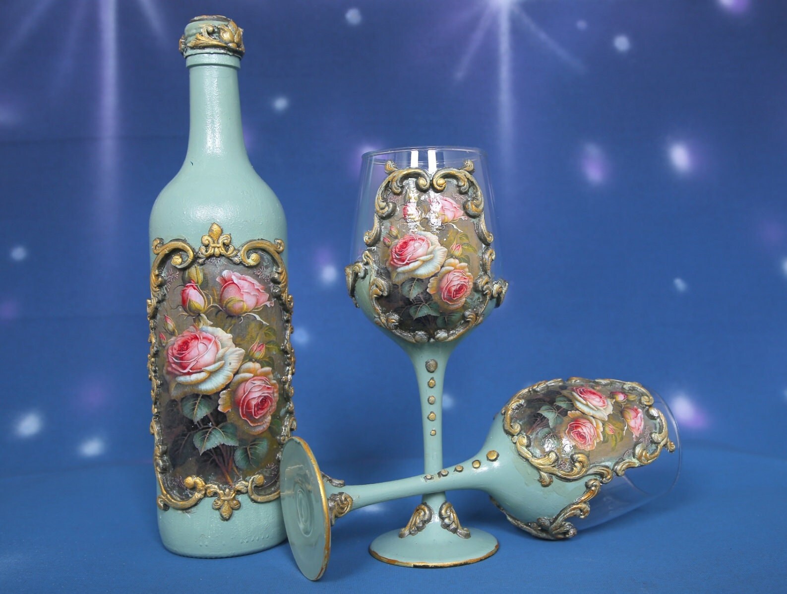 Luxury Mint Green Rose Wine Set - Handcrafted Bottle & 2 Glasses with Baroque Ornaments