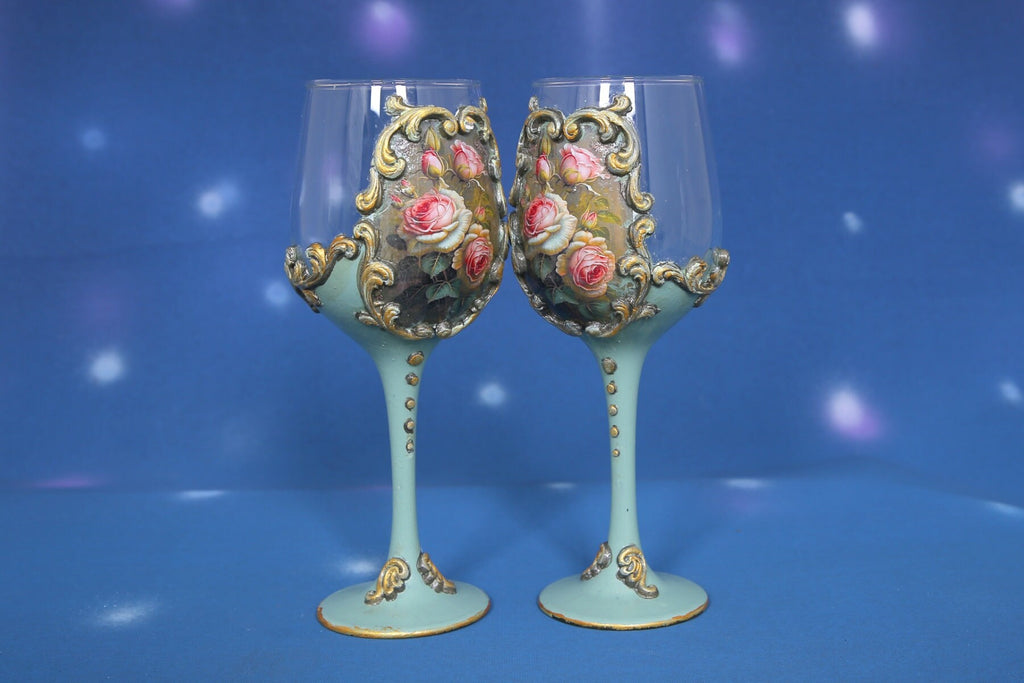 Luxury Mint Green Rose Wine Set - Handcrafted Bottle & 2 Glasses with Baroque Ornaments