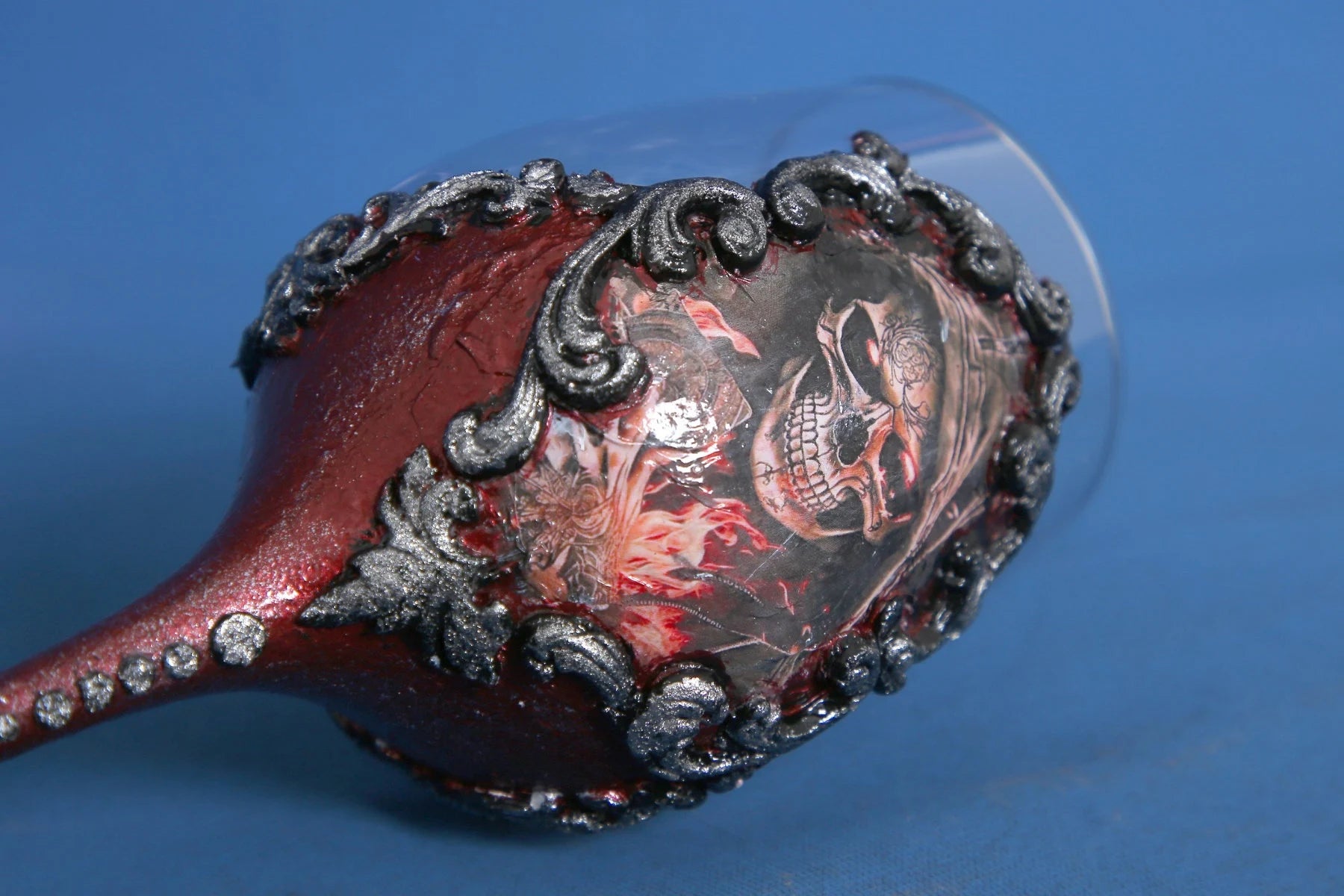 Pirate Skull Wine Set - Decoupage Art Burgundy & Silver