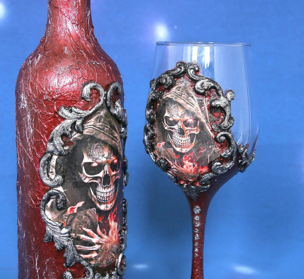 Pirate Skull Wine Set - Decoupage Art Burgundy & Silver