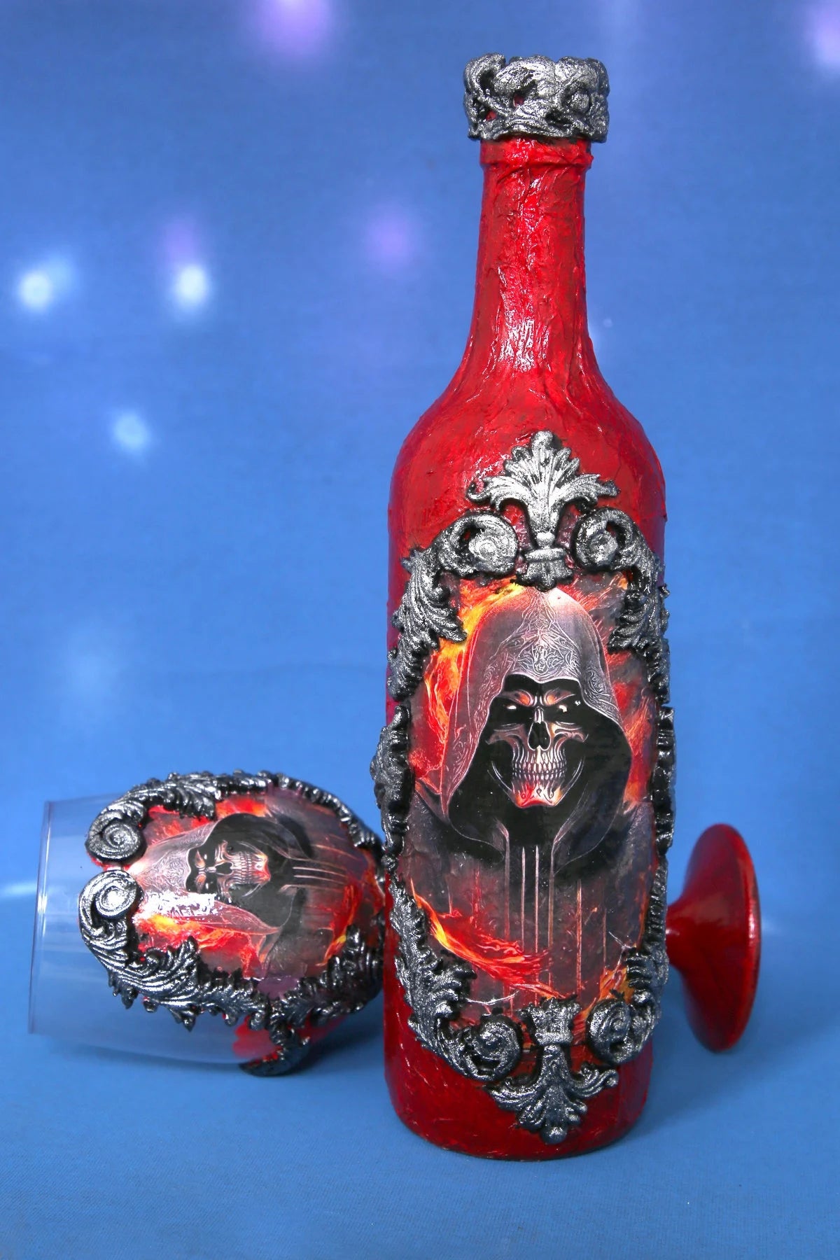Gothic Skull Wine Set - Handcrafted Red & Black Bottle & Glass with Baroque Ornaments