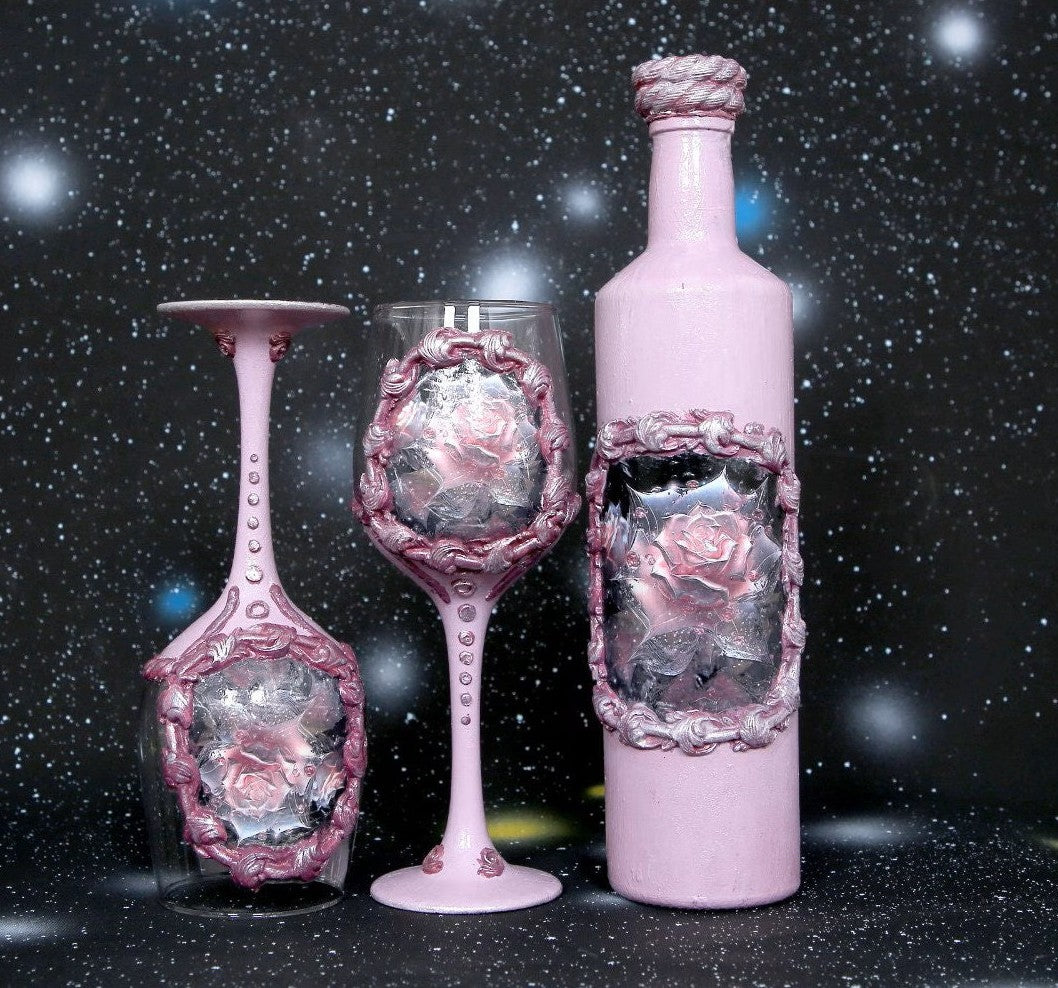 Luxury Wine Set - Romantic Roses in Pink-Purple Palette