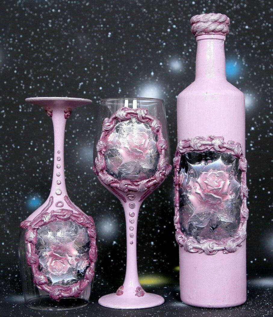 Luxury Wine Set - Romantic Roses in Pink-Purple Palette