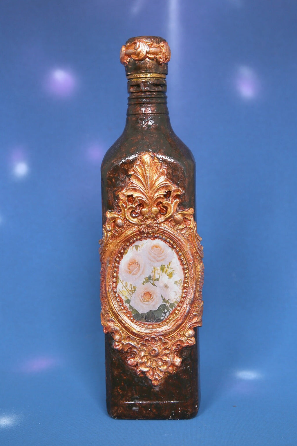 Decorated Bottle with Roses and Ornaments - Handmade