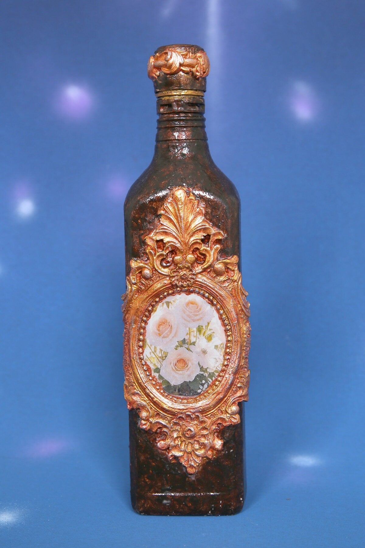 Decorated Bottle with Roses and Ornaments - Handmade