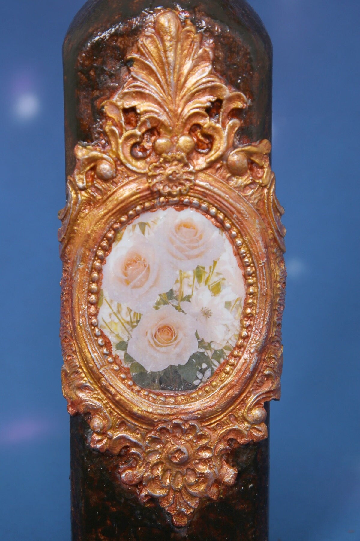 Decorated Bottle with Roses and Ornaments - Handmade