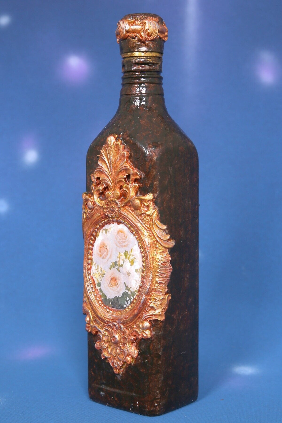 Decorated Bottle with Roses and Ornaments - Handmade