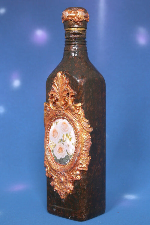 Decorated Bottle with Roses and Ornaments - Handmade