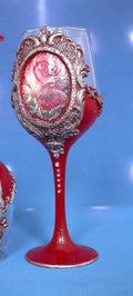 Decorated wine glass with red roses - Handmade