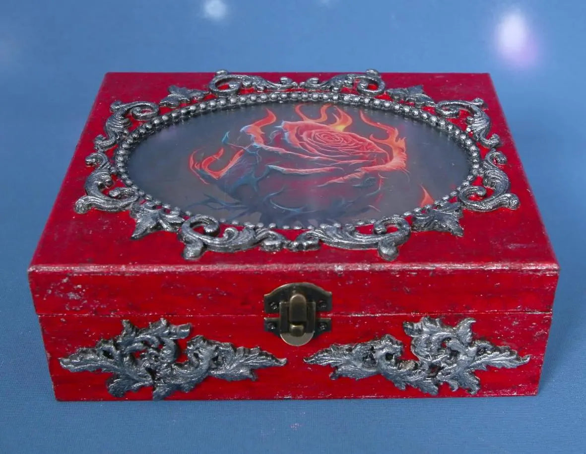Gothic Rose Keepsake Box - Distressed Red with Photo Frame