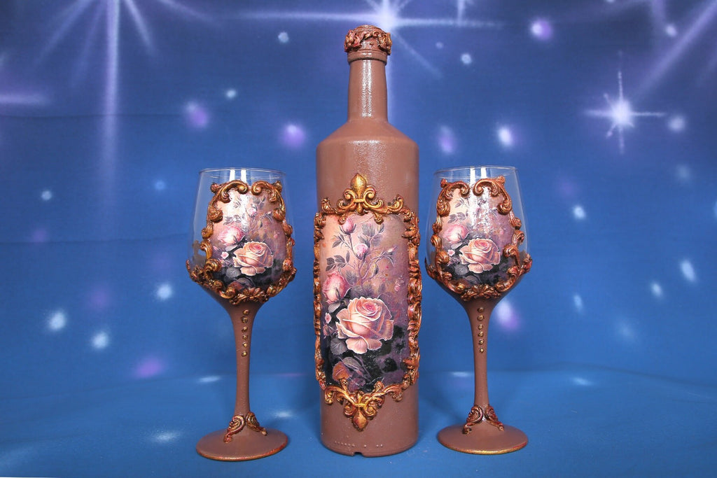 Luxury Bronze Rose Wine Set - Handcrafted 1L Bottle & 2 Glasses with Baroque Gold Ornaments