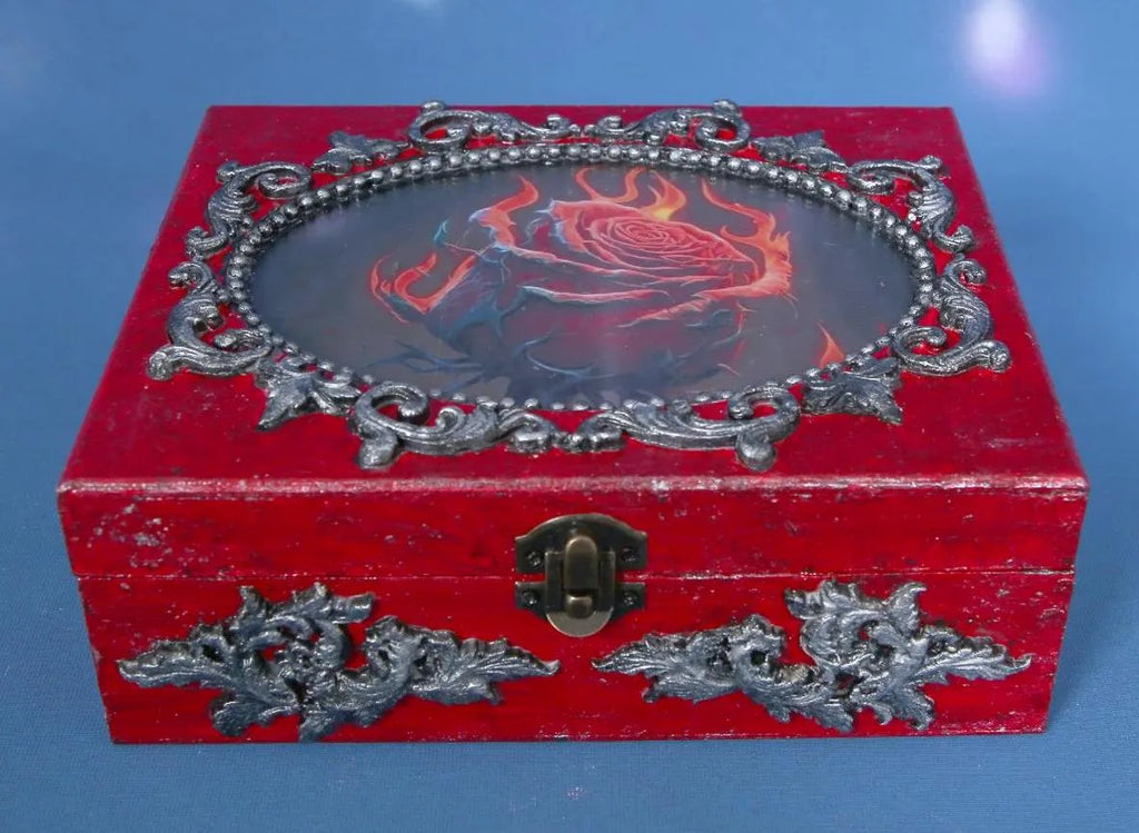 Gothic Rose Keepsake Box - Distressed Red with Photo Frame