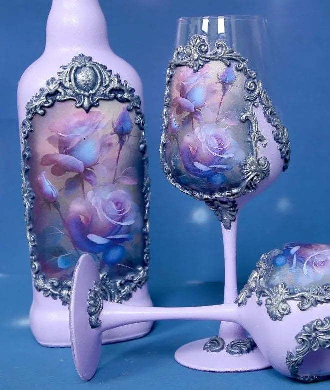 Luxury Wine Set - Roses in Blue-Purple Palette