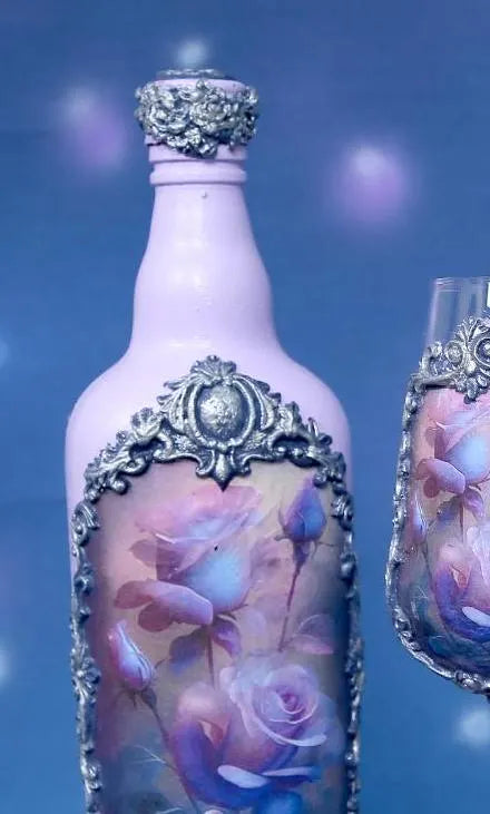 Luxury Wine Set - Roses in Blue-Purple Palette