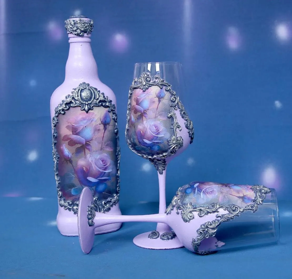 Luxury Wine Set - Roses in Blue-Purple Palette